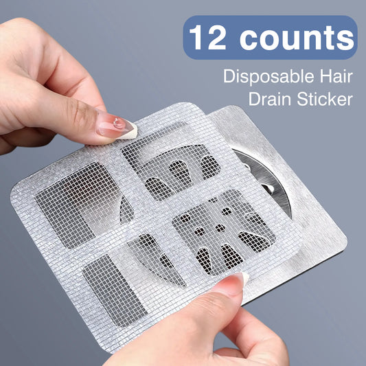 12 Pack Disposable Shower Drain Covers - Square Design Hair Catcher Stickers for Bathroom, Laundry, Bathtub & Sink - Adhesive Mesh Repair Tape Kit