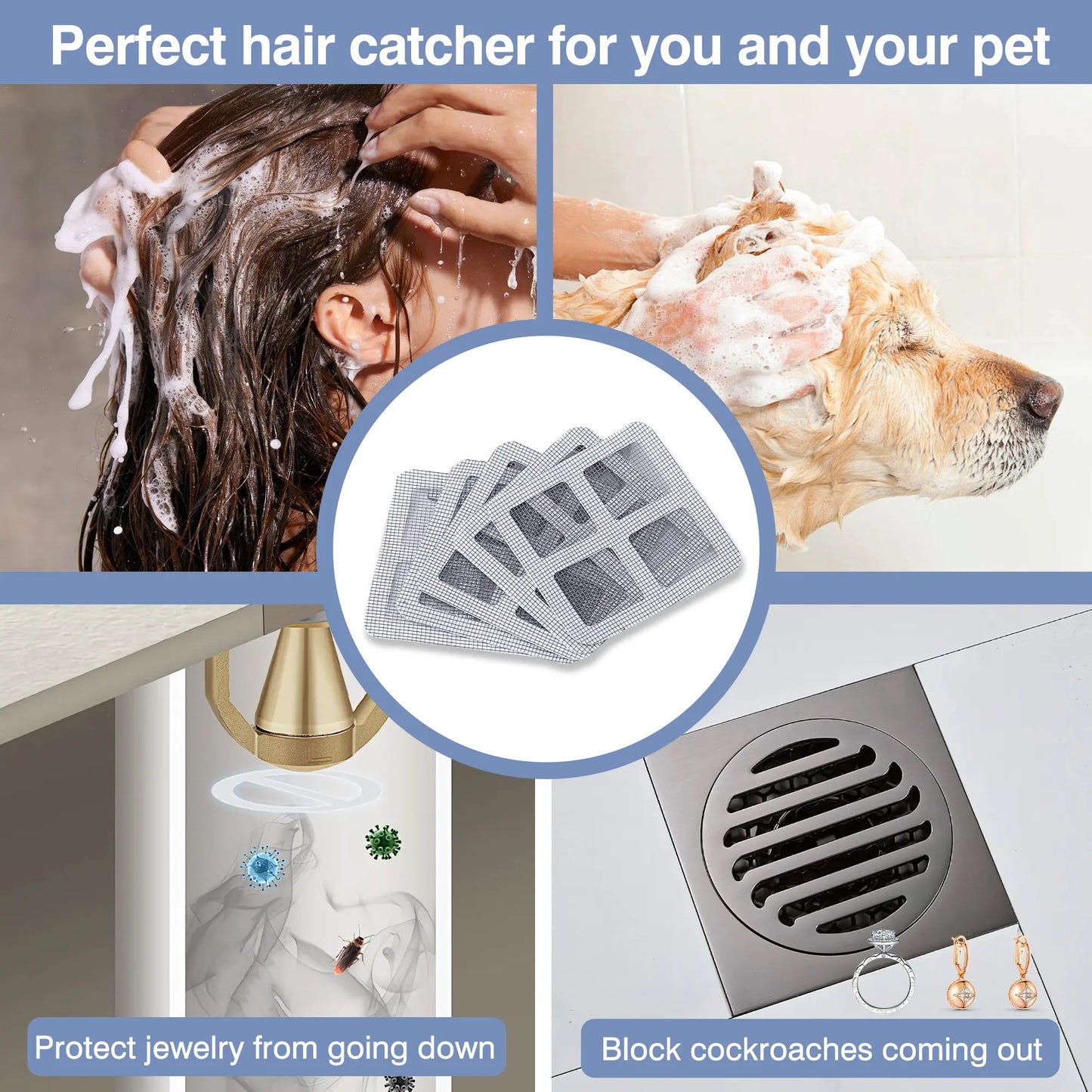 12 Pack Disposable Shower Drain Covers - Square Design Hair Catcher Stickers for Bathroom, Laundry, Bathtub & Sink - Adhesive Mesh Repair Tape Kit