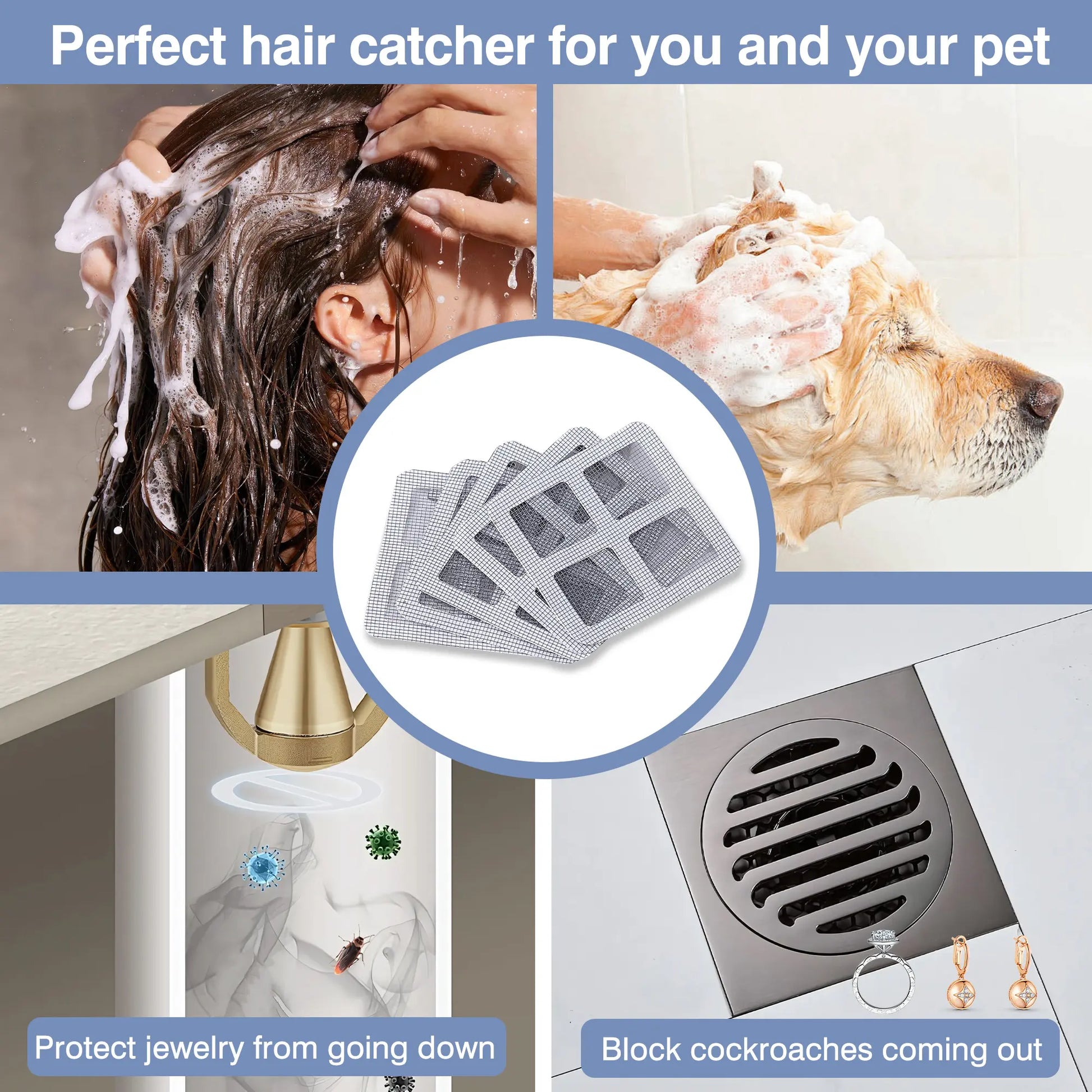 12 Pack Disposable Shower Drain Covers - Square Design Hair Catcher Stickers for Bathroom, Laundry, Bathtub & Sink - Adhesive Mesh Repair Tape Kit