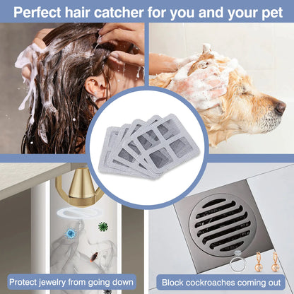 12 Pack Disposable Shower Drain Covers - Square Design Hair Catcher Stickers for Bathroom, Laundry, Bathtub & Sink - Adhesive Mesh Repair Tape Kit